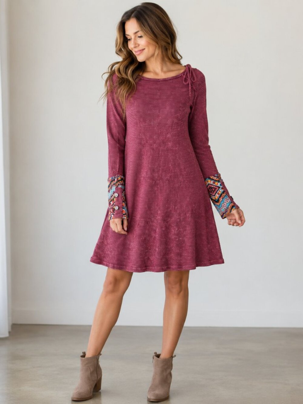 Able Womens Medium Burgundy Waffle Knit Dress Boho Aztec Cuff Long Sleeve Therma